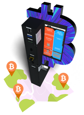 Modell eines Bitcoin-ATMs, platziert auf einer Papierkarte mit markierten Standort-Icons