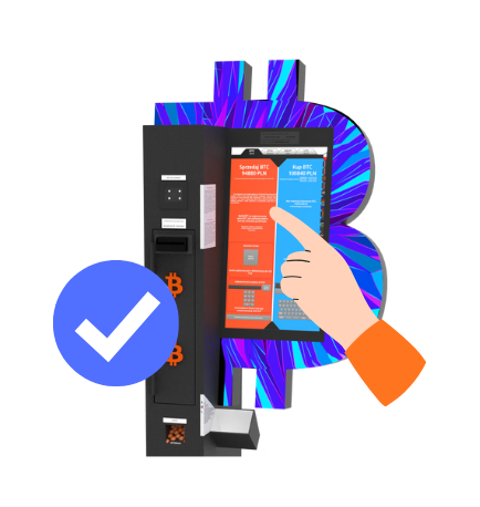 Modell eines Bitcoin-ATMs mit einem Erfolgs-Icon