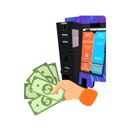 Modell eines Bitcoin-ATMs mit einer Hand, die Bargeld hält