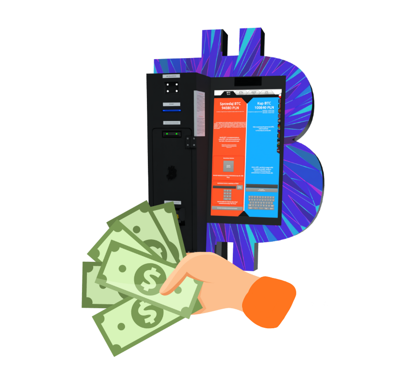 Modell eines Bitcoin-ATMs mit einer Hand, die Bargeld hält