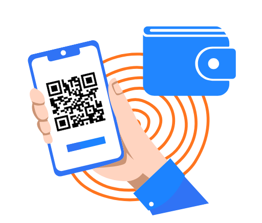 Infografik mit einem Smartphone mit QR-Code und einem Krypto-Wallet