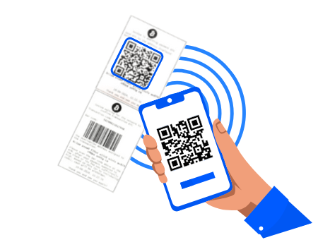 Infografik mit einem Smartphone und einem Beleg mit der Anweisung „Scanne den QR-Code“
