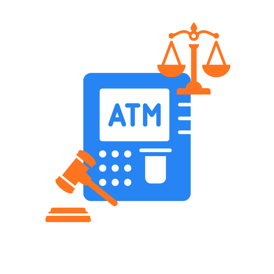 Grafik eines Bitcoin-ATMs mit juristischen Symbolen
