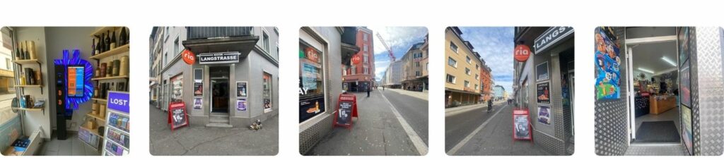 Miniaturansichten, die die Umgebung des Bitcoin-ATMs in Zürich zeigen