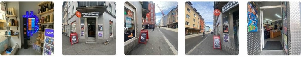 Miniaturansichten, die die Umgebung des Bitcoin-ATMs in Zürich zeigen
