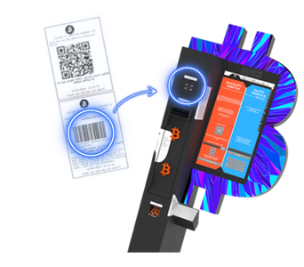 Infografik mit einem Bitcoin-ATM und Bargeld mit der Anweisung „Nehmen Sie das Geld entgegen“