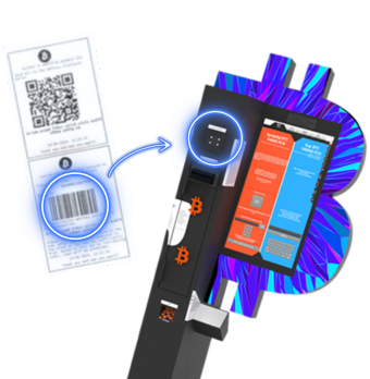 Infografik mit einem Bitcoin-ATM und Bargeld mit der Anweisung „Nehmen Sie das Geld entgegen“