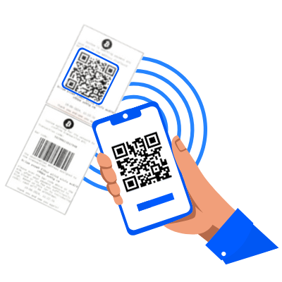Infografik mit einem Smartphone und einem Beleg mit der Anweisung „Scanne den QR-Code“
