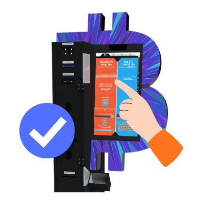 Modell eines Bitcoin-ATMs mit einem Erfolgs-Icon