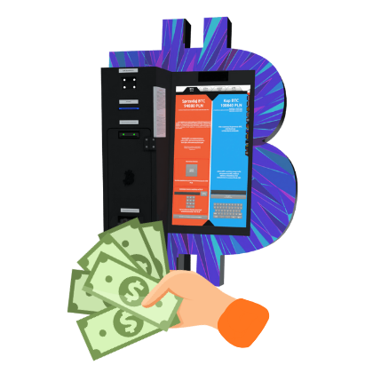 Modell eines Bitcoin-ATMs mit einer Hand, die Bargeld hält