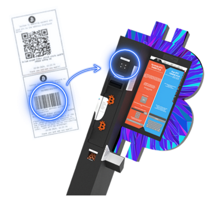 Infografik mit einem Bitcoin-ATM und Bargeld mit der Anweisung „Nehmen Sie das Geld entgegen“