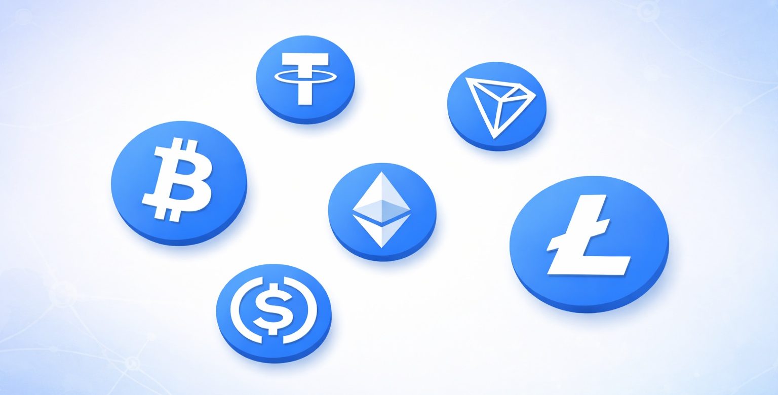 Logos der in diesem Automaten verfügbaren Kryptowährungen