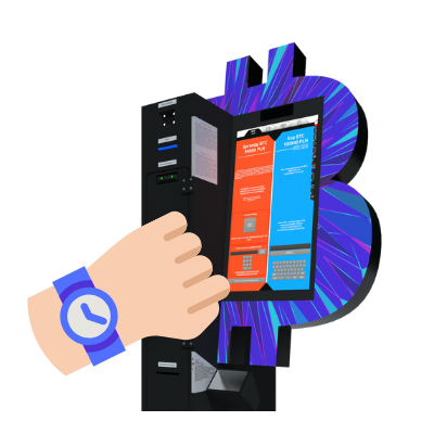 Modell eines Bitcoin-Geldautomaten mit einer wartenden, eine Uhr tragenden Hand