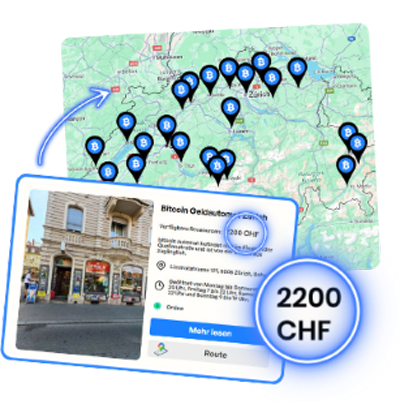 Infografik mit einer Karte zum Thema „Wie findet man einen Bitcoin-ATM"