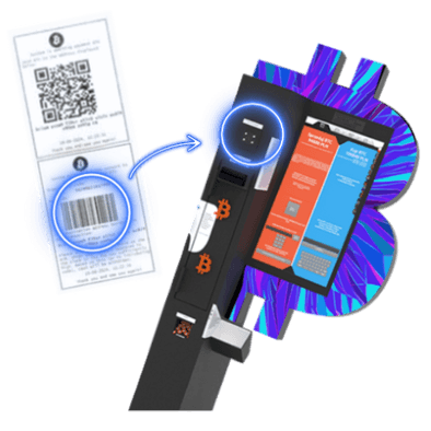 Infografik mit einem Bitcoin-ATM und Bargeld mit der Anweisung „Nehmen Sie das Geld entgegen“