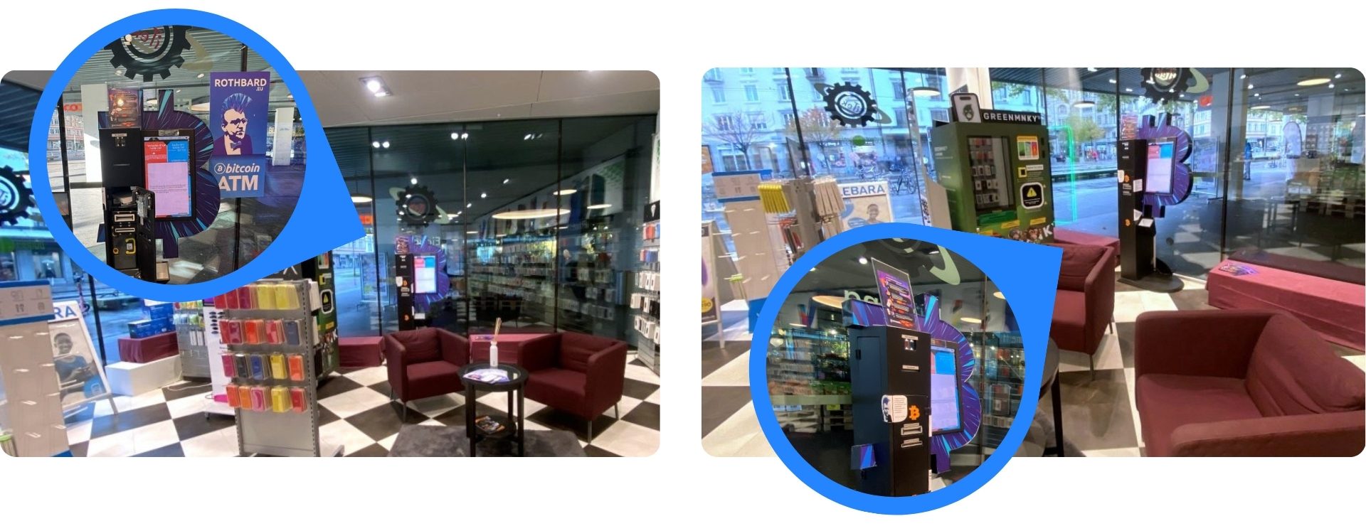 Drei Fotos des Bitcoin-Automaten im Inneren des Itek-Geschäfts.