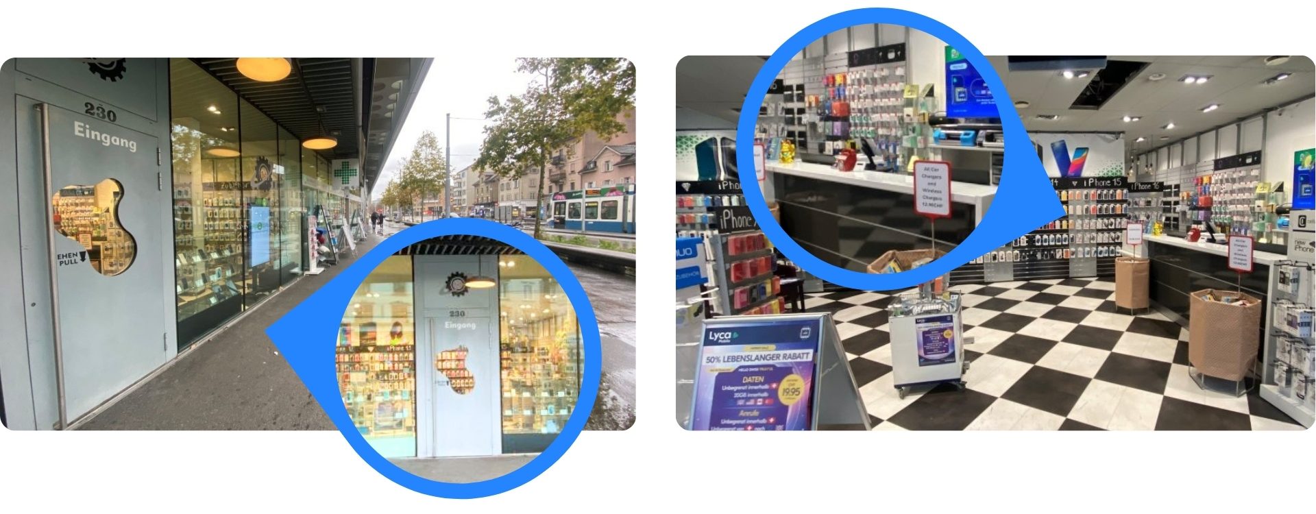 Drei Fotos des Geschäfts, in dem sich der Bitcoin-Automat befindet.