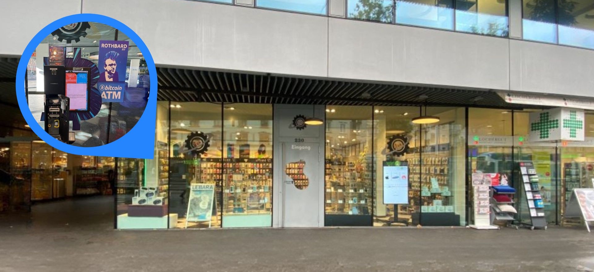Eingang zum Kiosk, in dem sich der Bitcoin-ATM befindet.