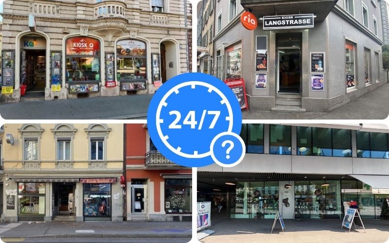 Vier Fotos von Bitcoin-ATM in Zürich und ein 24/7-Symbol.