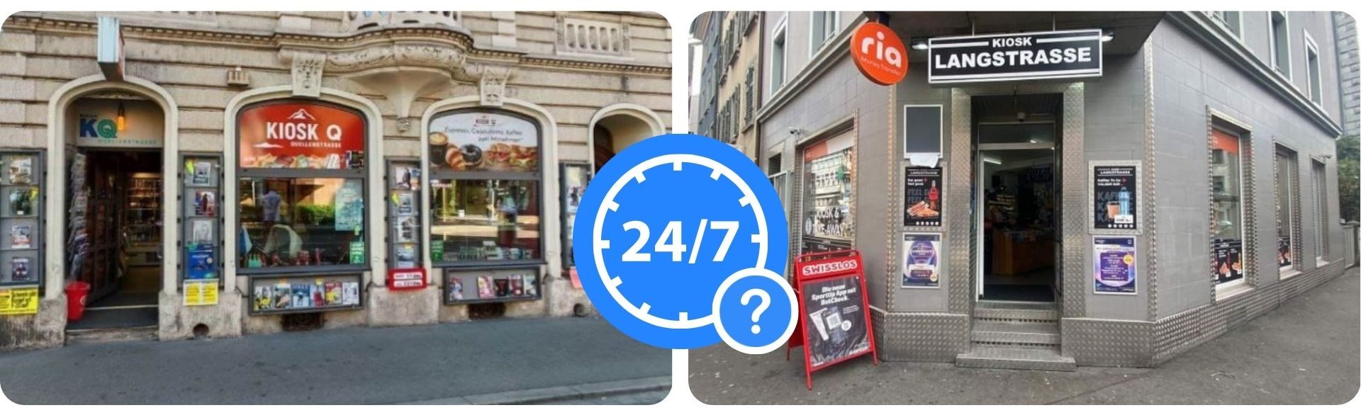 Zwei Fotos von Bitcoin-ATM in Zürich und ein 24/7-Symbol.