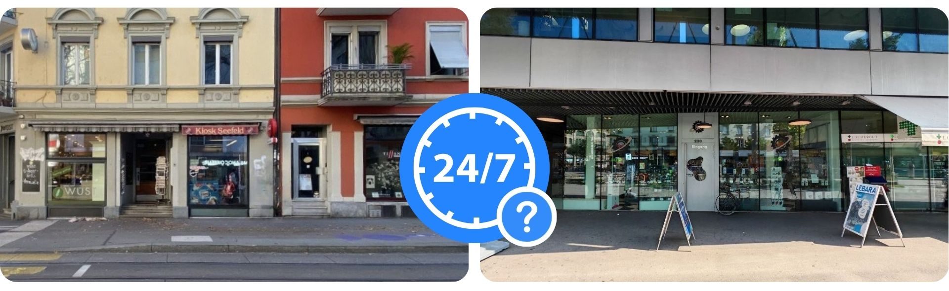Zwei Fotos von Bitcoin-ATM in Zürich und ein 24/7-Symbol.