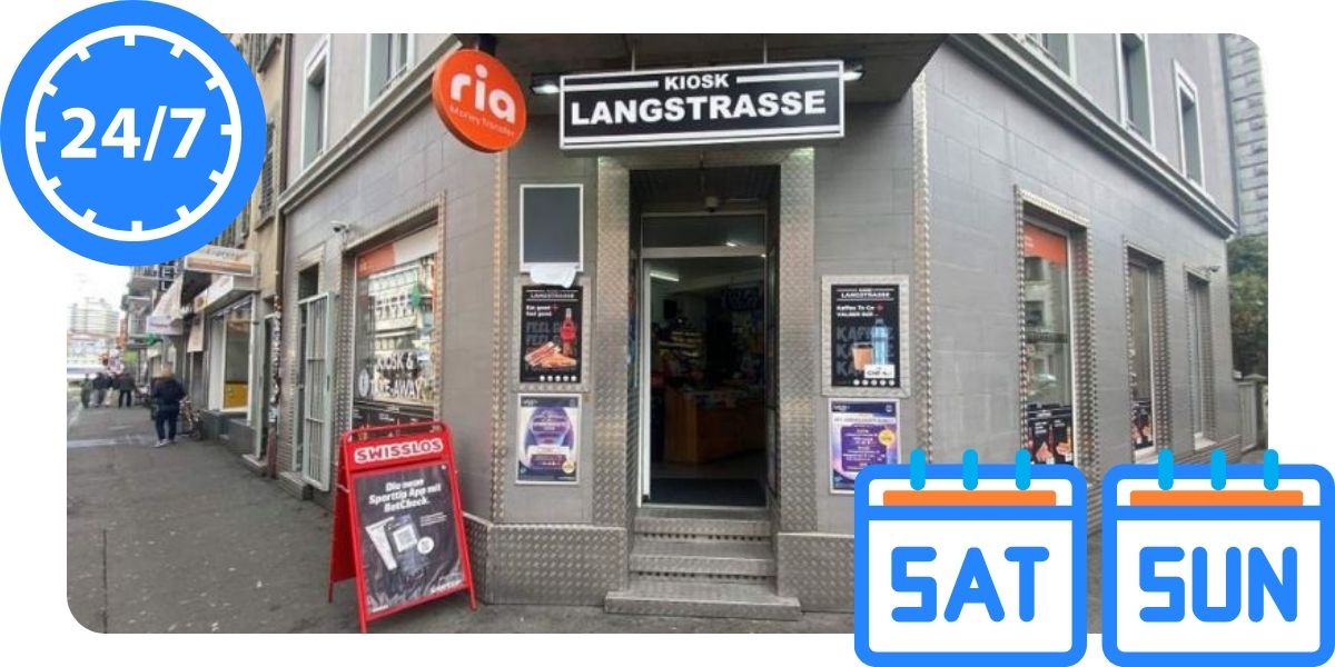 Bitcoin ATM an der Langstrasse in Zürich und ein 24/7-Symbol.