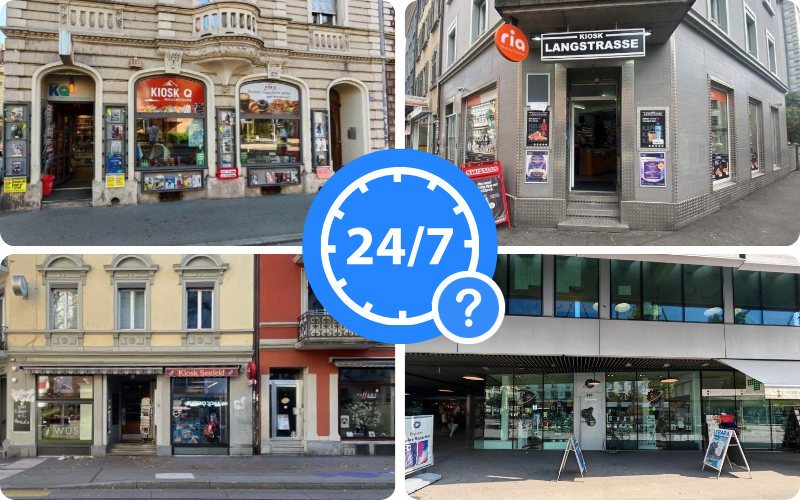 Vier Fotos von Bitcoin-ATM in Zürich und ein 24/7-Symbol.