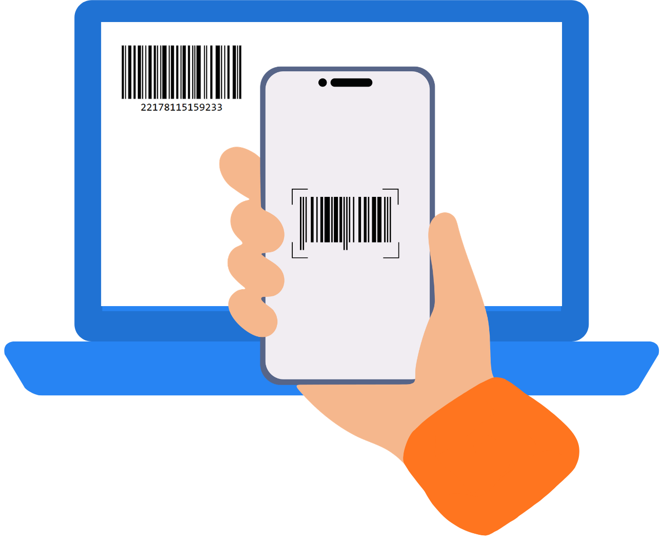 Hand, die ein Smartphone hält und einen Code vom Laptop scannt