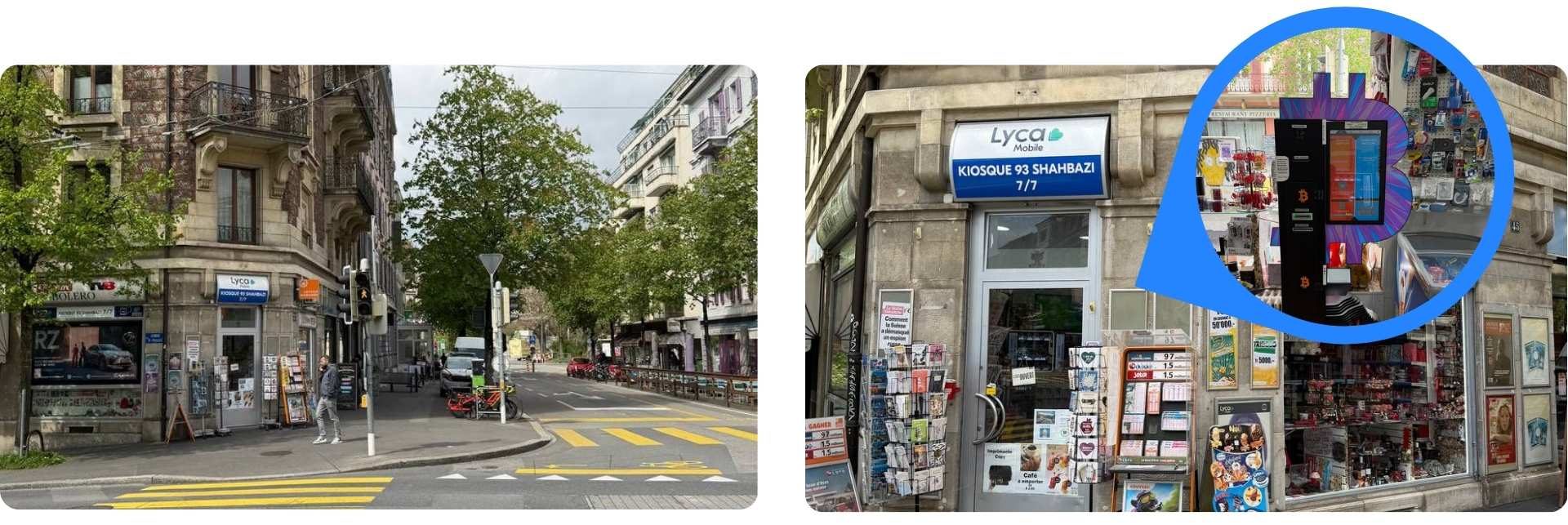 Zwei Fotos eines Bitcoin ATMs in Lausanne.
