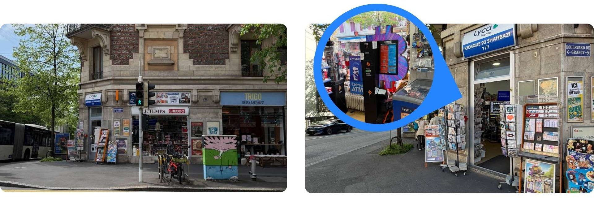 Zwei Fotos eines Bitcoin ATMs in Lausanne.