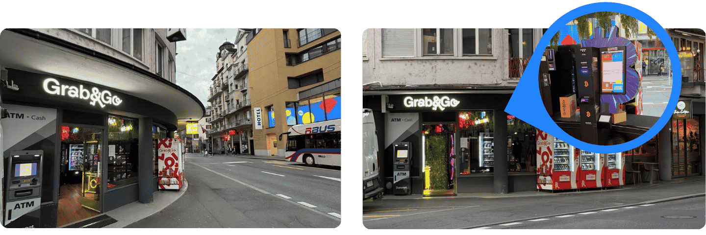 Zwei Fotos eines Bitcoin ATMs in Luzern.
