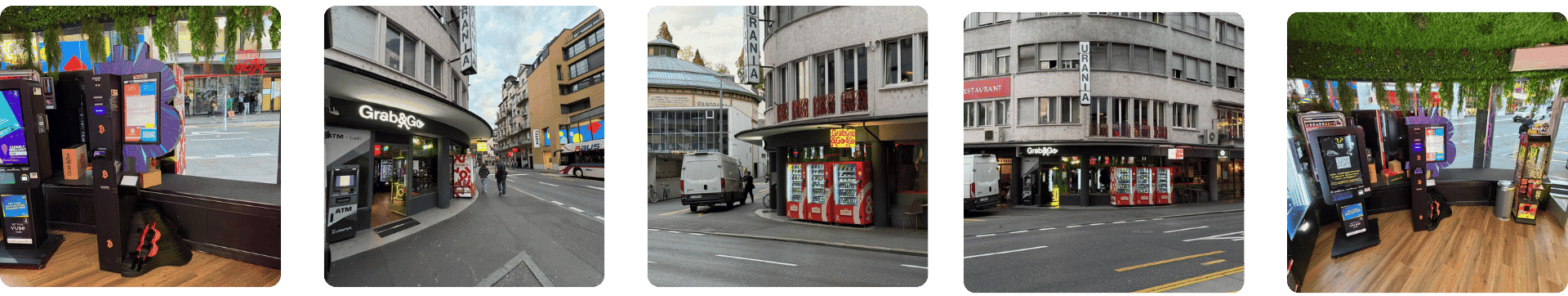 Fünf Fotos eines Bitcoin ATMs in Luzern.