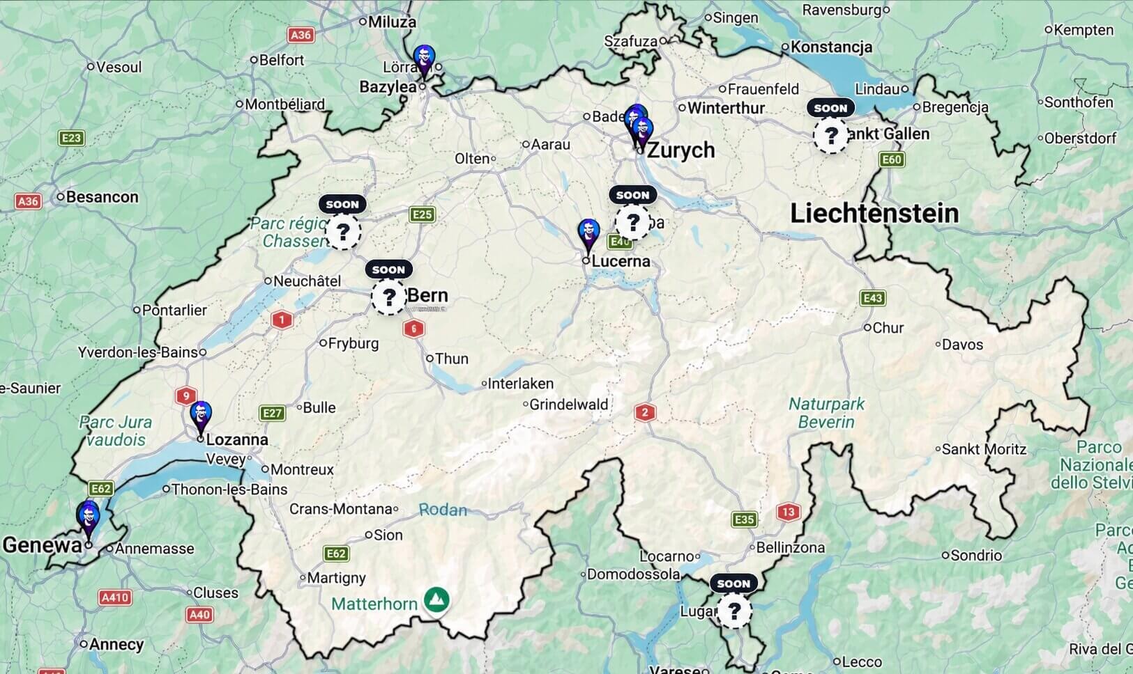 Karte der Schweiz mit markierten Bitcoin-Geldautomaten.