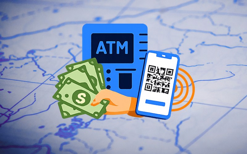 Bitcoin-ATM-Infografik vor einer Landkarte