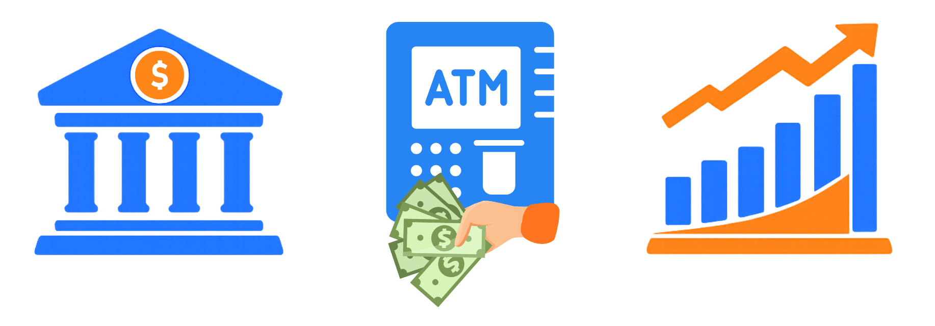 Symbole für Bank, Bitcoin-ATM und Börse