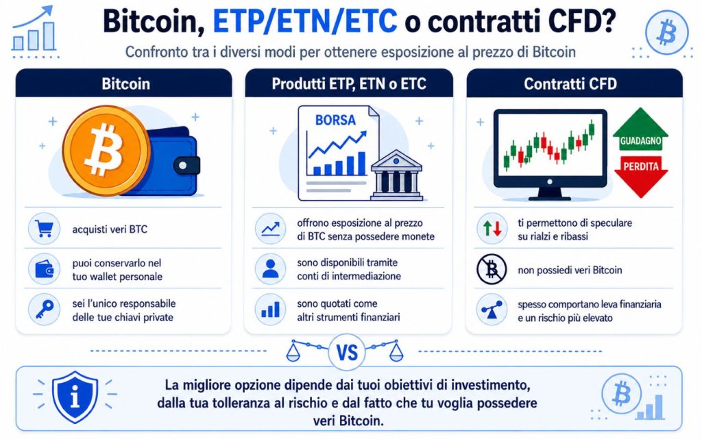 Grafico che illustra le differenze tra BTC, ETP, ETN, ETC e contratti CFD.