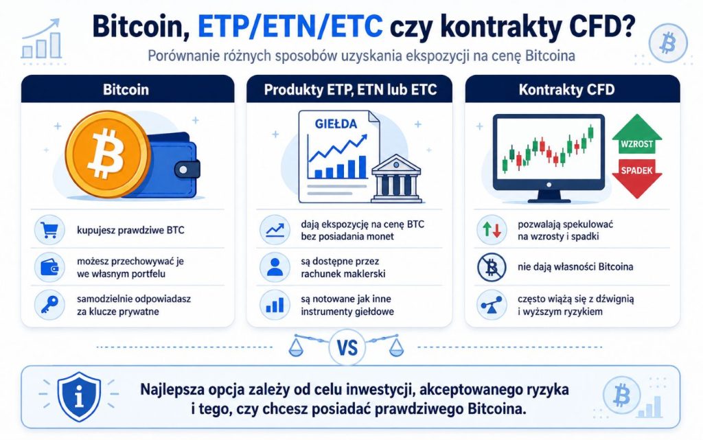 Grafik, die die Unterschiede zwischen BTC, ETP, ETN, ETC und CFD-Kontrakten zeigt.