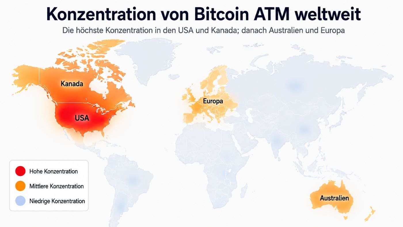Karte zur weltweiten Verteilung von Bitcoin-Geldautomaten – aktueller Stand vom 9. Juli 2026.