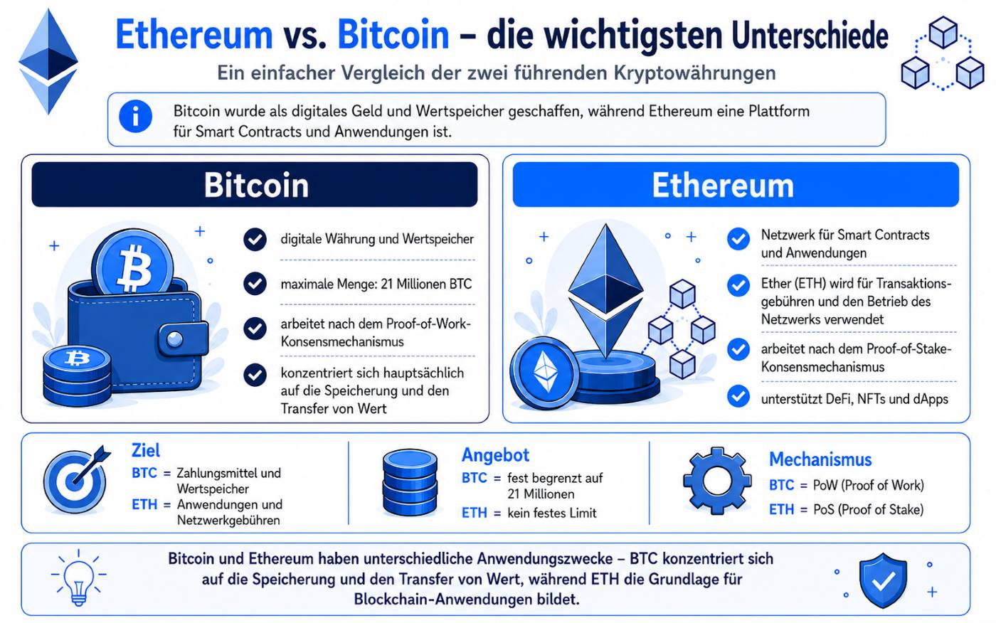 Ethereum und Bitcoin – die wichtigsten Unterschiede