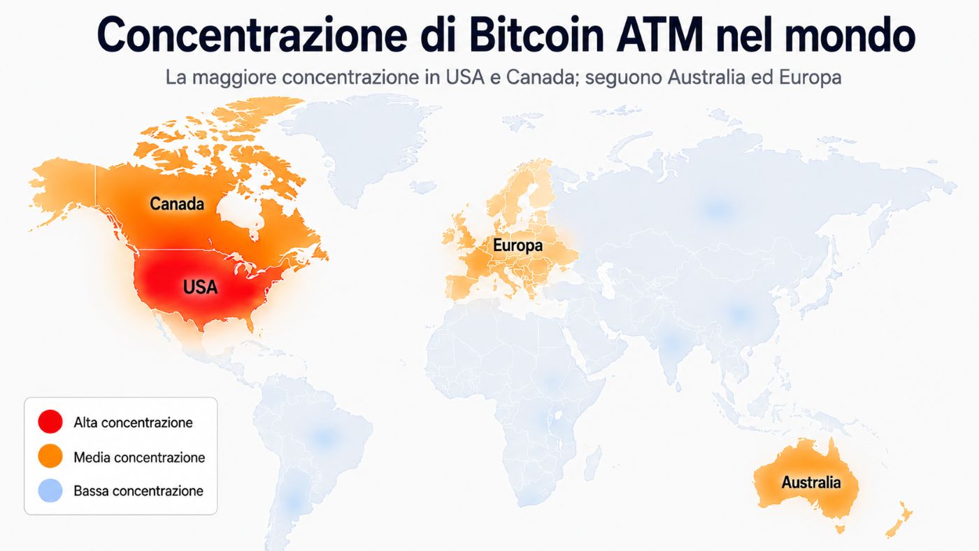 Mappa della distribuzione mondiale dei bancomat Bitcoin – situazione aggiornata al 9 luglio 2026.