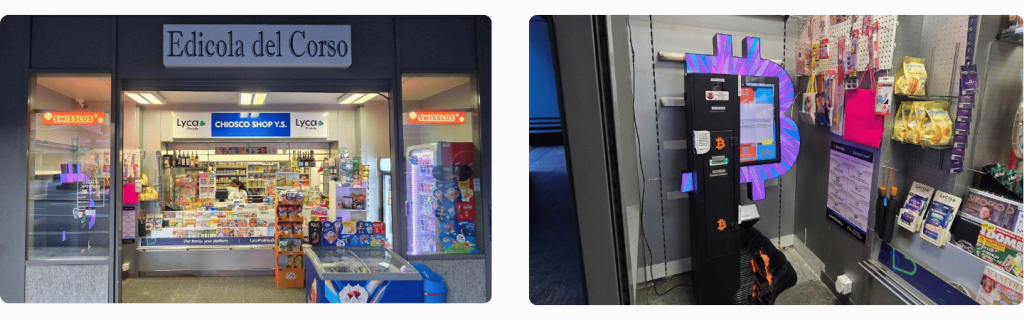 Zwei Fotos eines Bitcoin ATMs in Lugano.