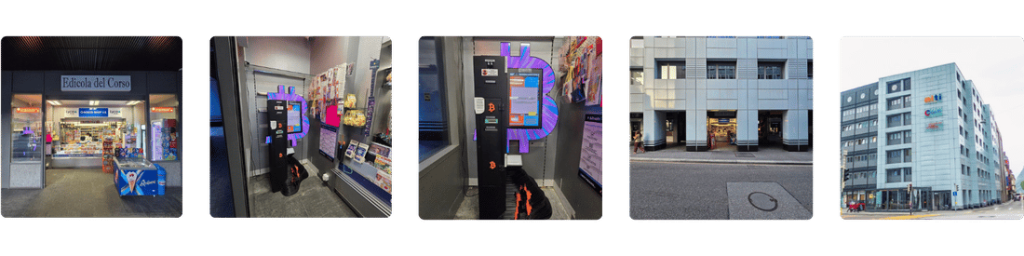 Fünf Fotos eines Bitcoin ATMs in Lugano.