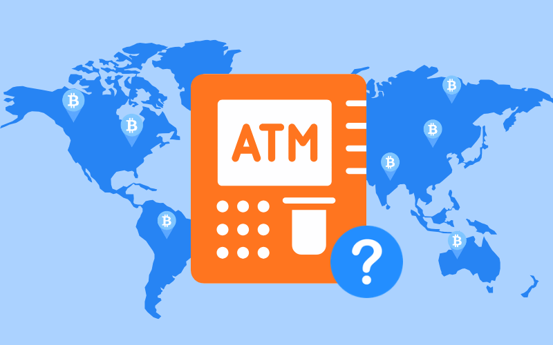 Bitcoin ATM vor dem Hintergrund einer Weltkarte