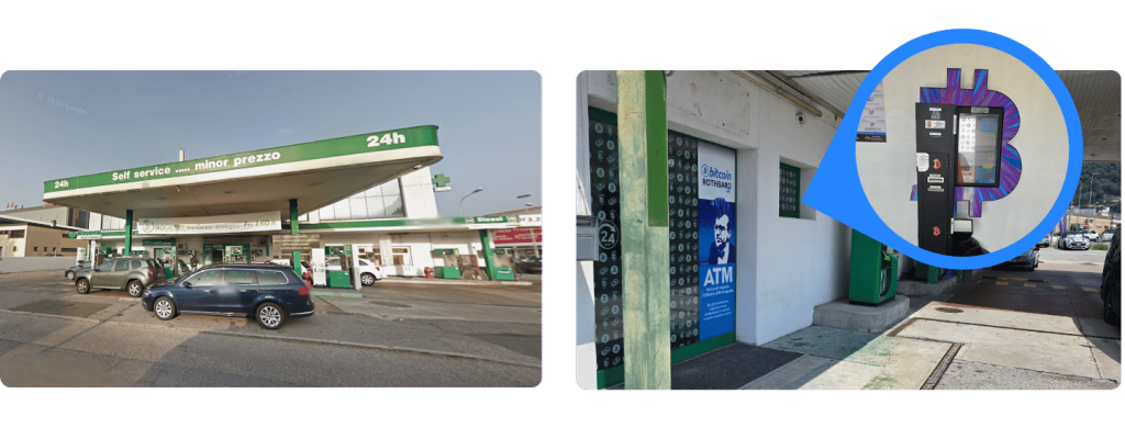 Zwei Fotos eines Bitcoin ATMs in Mendrisio