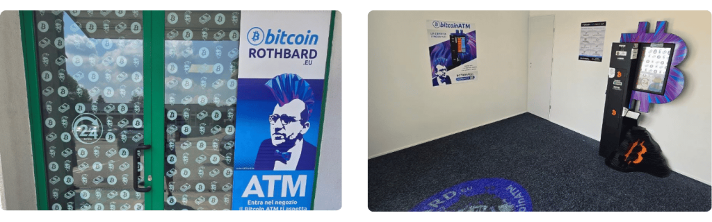 Zwei Fotos eines Bitcoin ATMs in Mendrisio