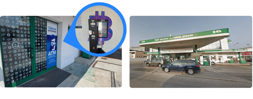 Zwei Fotos eines Bitcoin ATMs in Mendrisio