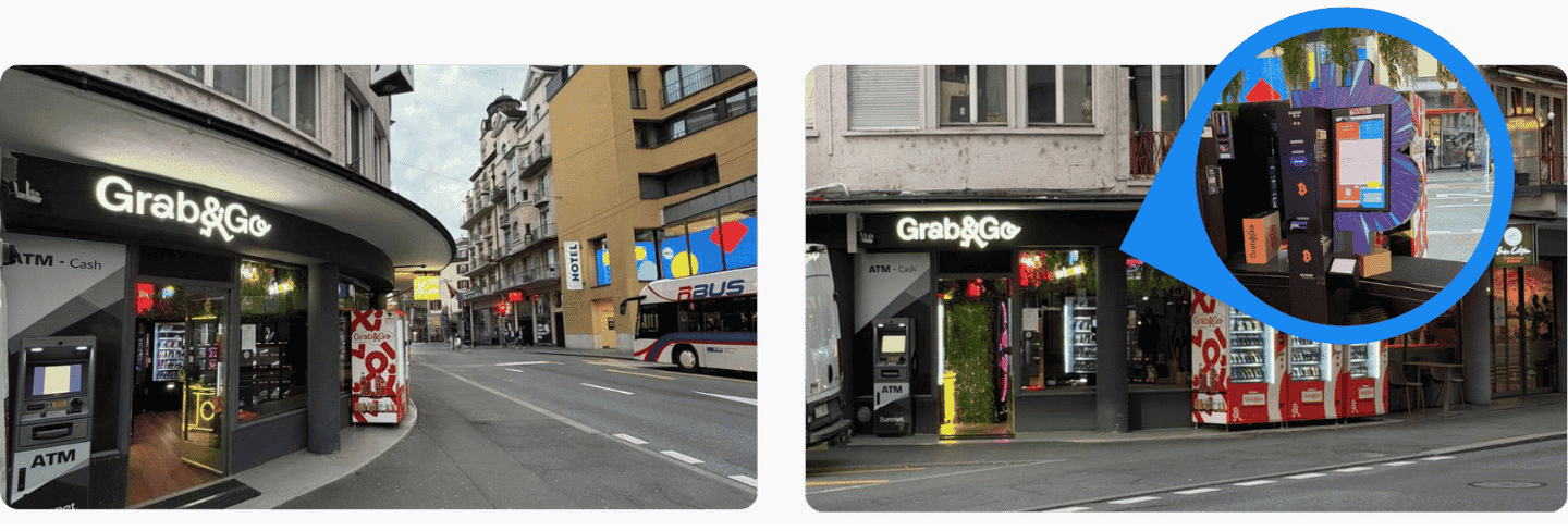 Two photos of a Bitcoin ATM in Lucerne.