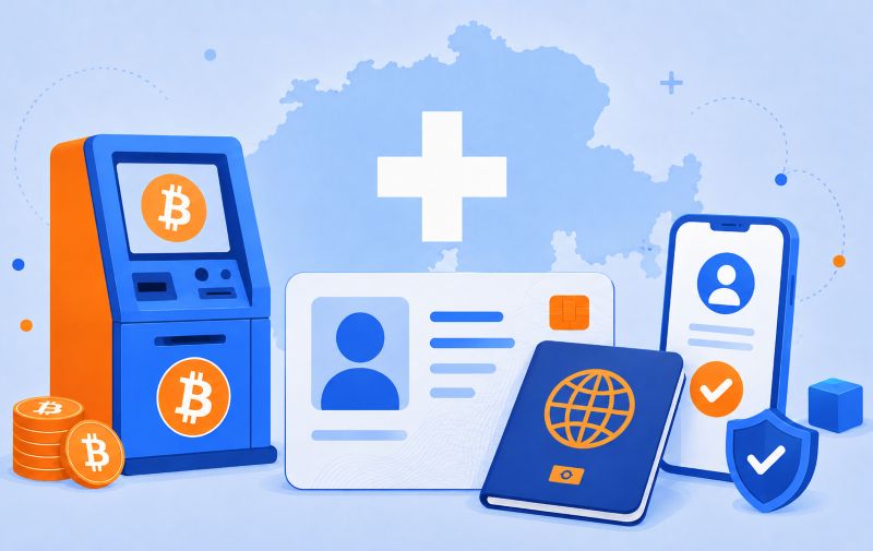 Bitcoin ATM, Ausweisdokument vor dem Hintergrund einer Schweizkarte.