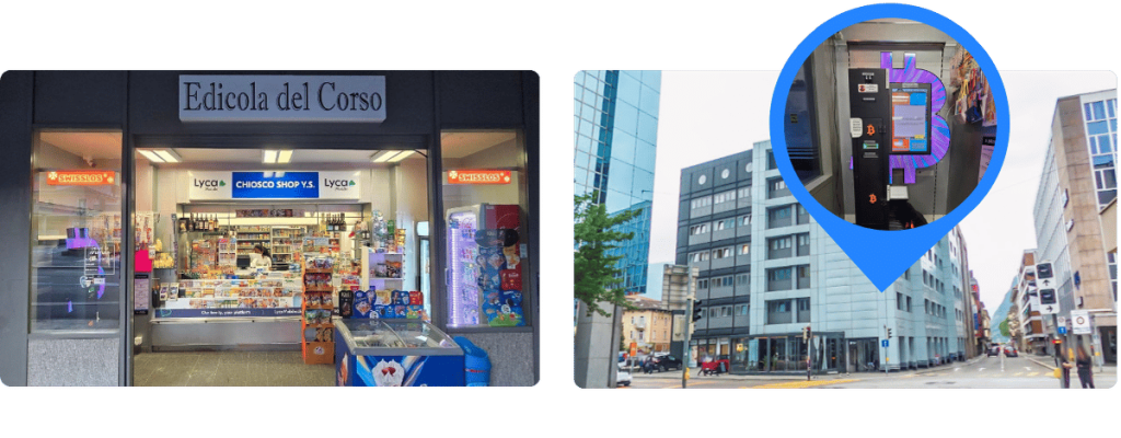 Zwei Fotos eines Bitcoin ATMs in Lugano