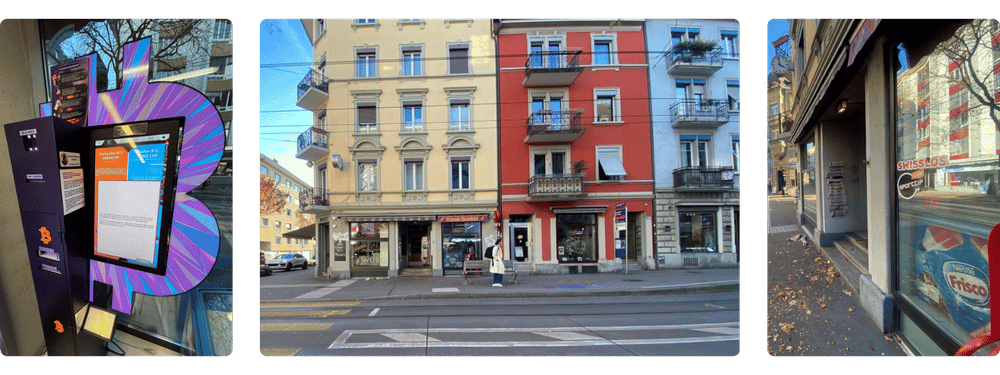 Drei Fotos des Bitcoin ATM in Zürich an der Seefeldstrasse 178
